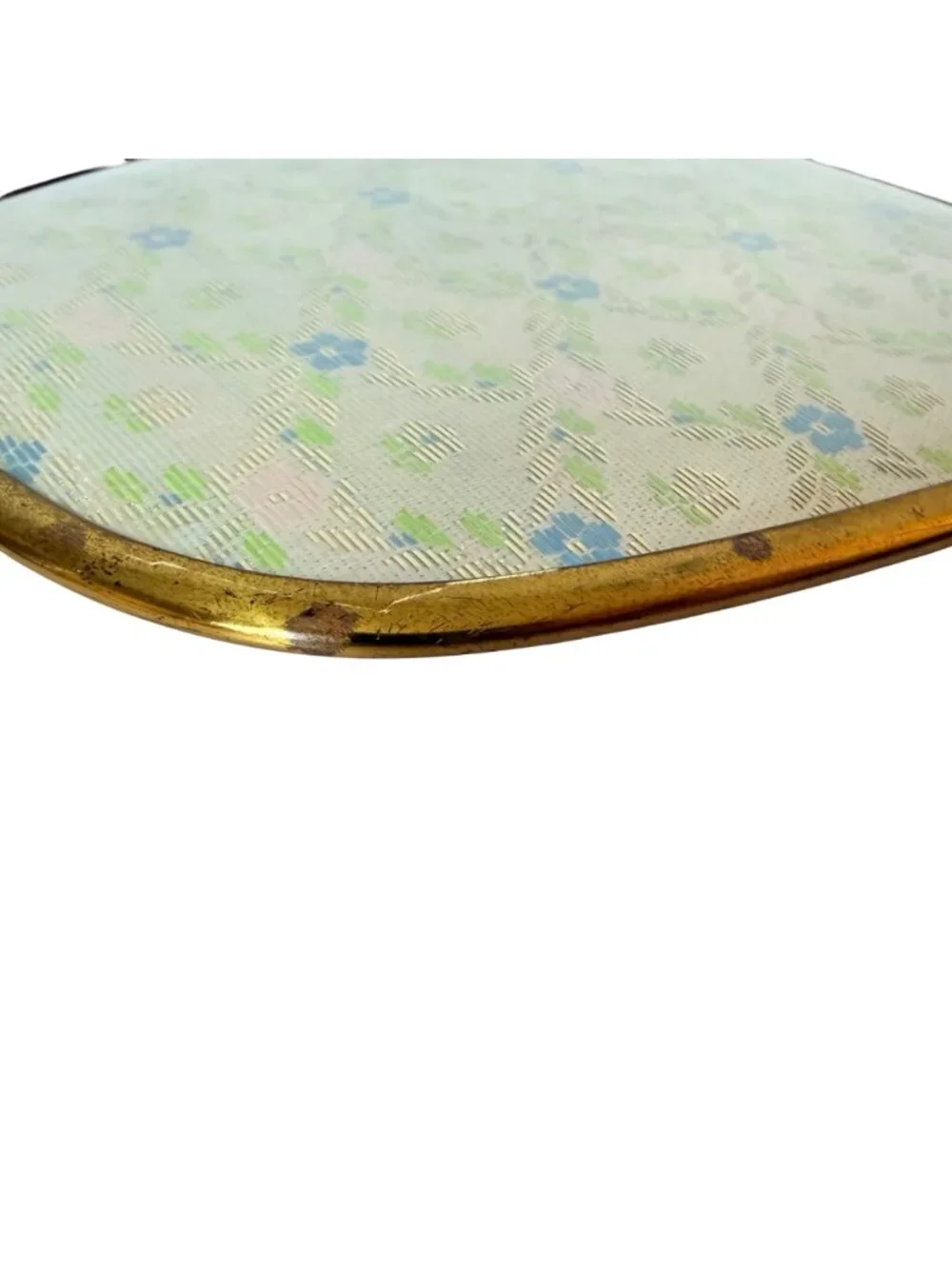Vanity Hand Mirror Boudoir Decor Blue Floral VTG Brass Tone Hollywood Regency